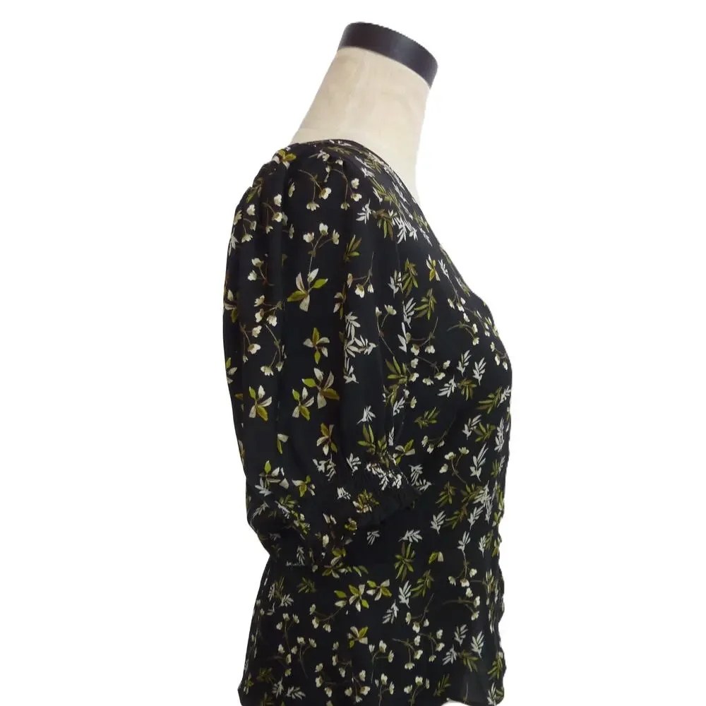 Banana Republic Black Floral V-Neck Puff Sleeve Blouse S Top